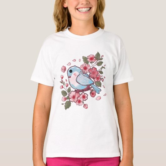 T-shirt Cute Spring Bluebird & Cherry Blossom Watercolor A (Devant)