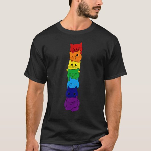 T-shirt Cute Stack Cat Gay Rainbow Flag Pride Lgbq Support (Devant)