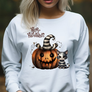 T-shirt Cute Striped Halloween Ghost Kitten et Citrouille