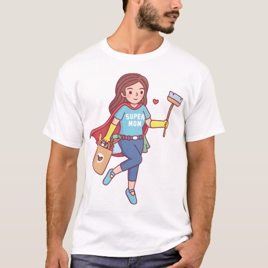 T-shirt Cute Super Mom With Cleaning Tools and Groceries F (Devant)
