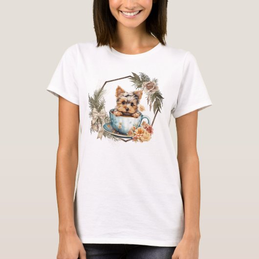T-shirt Cute Teacup Yorkie en Gold Frame et Rose (Devant)