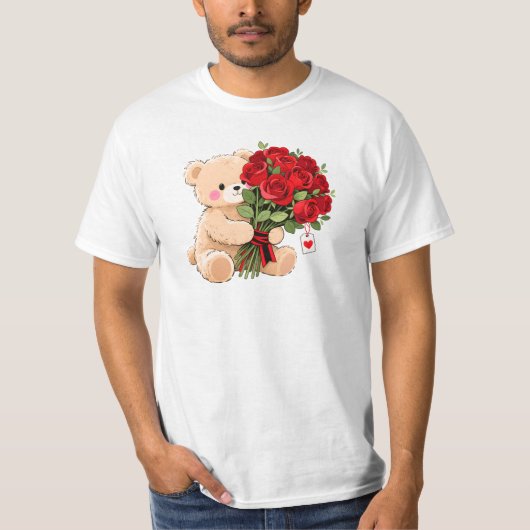 T-shirt Cute Teddy Bear Holding Valentine Roses (Devant)