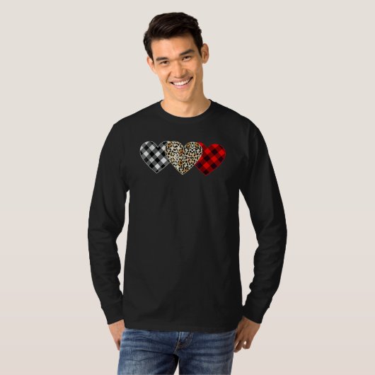 T-shirt Cute Three Heart Leopard Buffalo Red Black Plaid V (Devant entier)