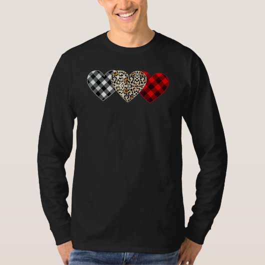 T-shirt Cute Three Heart Leopard Buffalo Red Black Plaid V (Devant)