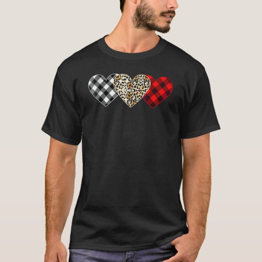 T-shirt Cute Three Heart Leopard Buffalo Red Black Plaid V (Devant)