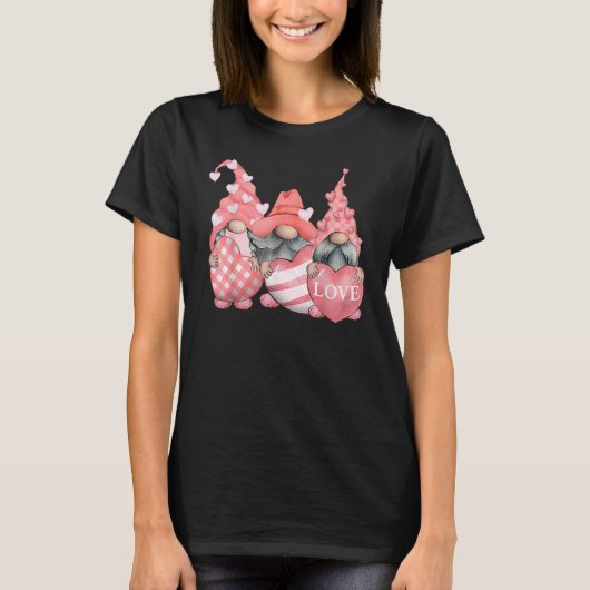 T-shirt Cute Three Pink Gnomes Holding Hearts Funny Valent (Devant)