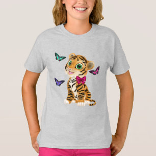 T-shirt Cute Tiger Cub avec Bow Rose & Papillons