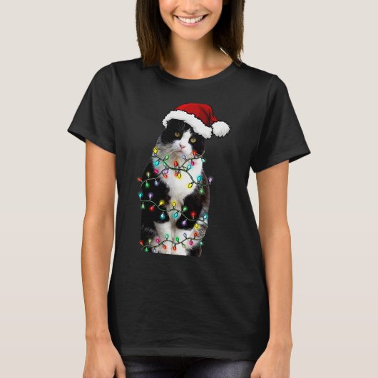 T-shirt Cute Tuxedo Black Cat Christmas Light Cat Christma (Devant)