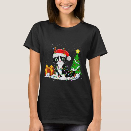 T-shirt Cute Tuxedo Cat Santa Christmas Tree Lights Xmas T (Devant)