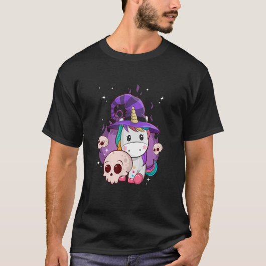 T-shirt Cute Unicorn Sorcière Casquette Crâne Halloween Co (Devant)