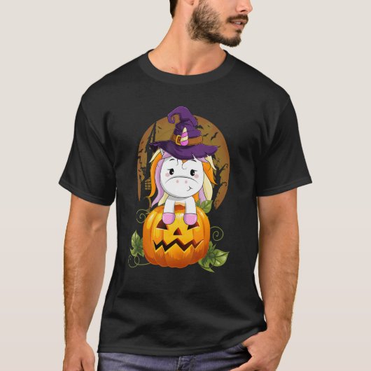 T-shirt Cute Unicorn Sorcière Citrouille Halloween Costume (Devant)