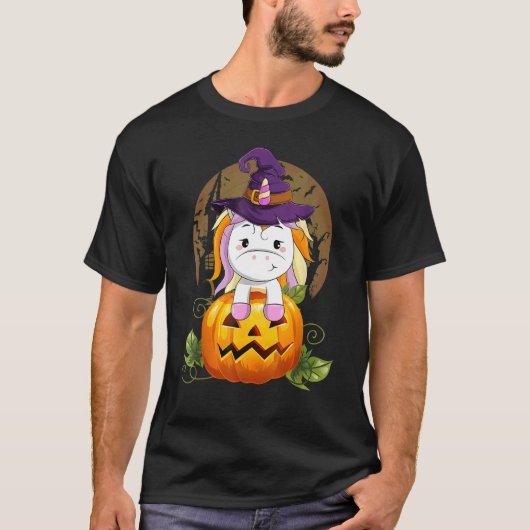 T-shirt Cute Unicorn Sorcière Citrouille Halloween Costume (Devant)