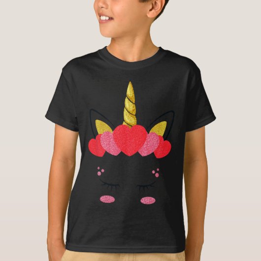 T-shirt Cute Unicorn Visage Coeurs Valentines Journée Fill (Devant)