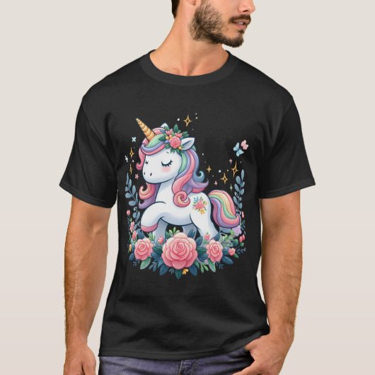 T-shirt Cute Unicorne Sur Fleurs (Devant)
