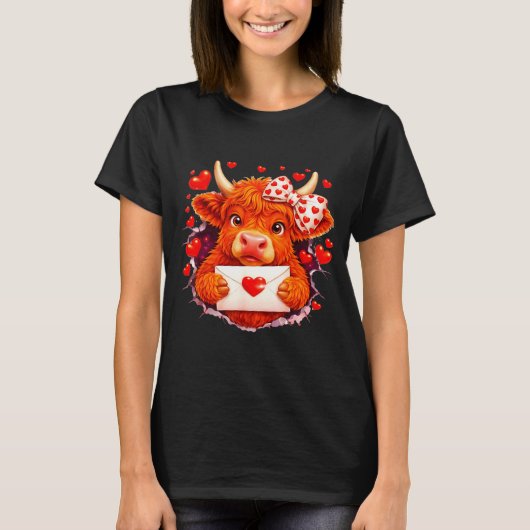 T-shirt Cute Valentine Highland Cow With Heart Bow Western (Devant)