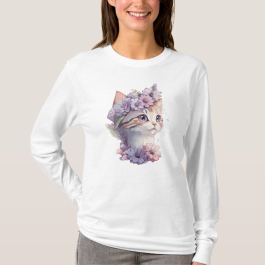 T-shirt Cute Violet Aquarelle Chat avec Flore (Devant)