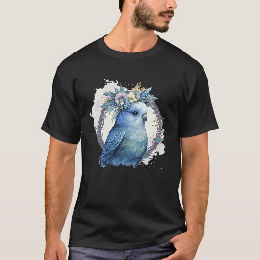 T-shirt Cute Watercolor Parakeet Budgie Bird Flower Crown  (Devant)
