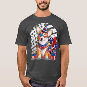 T-shirt Cute Welsh Corgi Lunettes de soleil Drapeau Améric