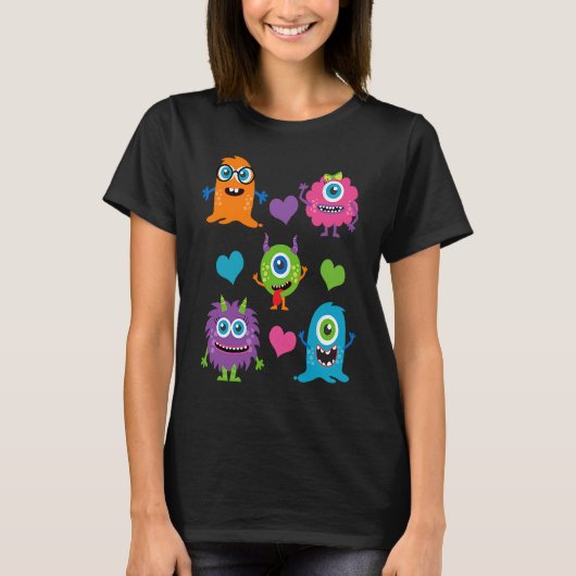 T-shirt Cute Whimsical Colorful Little Monsters With Heart (Devant)