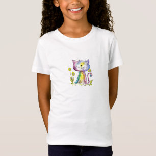 T-Shirt Cute Whimsical Happy Chat avec Fleurs Jaunes