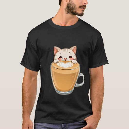 T-shirt Cute White Cat Latte Art Coffee Heart  ✨🐾☕ (Devant)