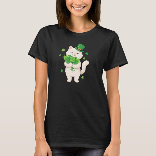 T-shirt Cute White Cat Leprechaun Hat Shamrock Art (Devant)
