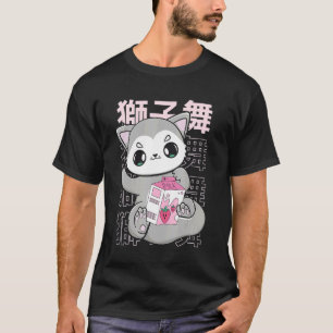 T-shirt Cute Wolf With Strawberry Milk Bubble Tea For Boba
