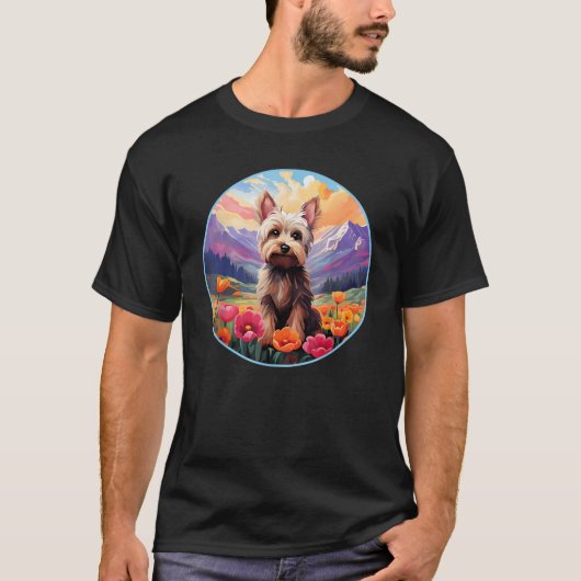 T-shirt Cute Yorkie Yorkshire Terrier Flower Mountain Suns (Devant)