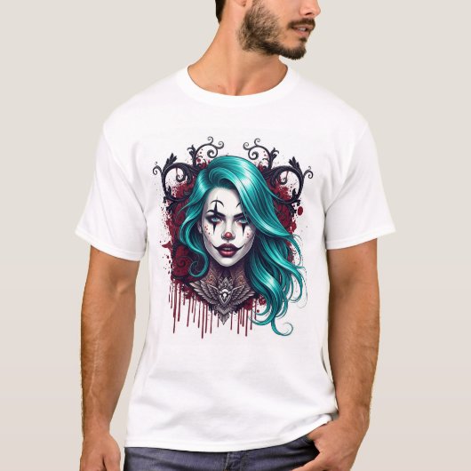T-shirt Cyan Haired Clown Queen - Spooky Chic Graphic (Devant)