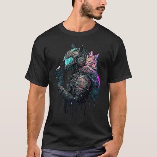 T-shirt Cyber Cat Protector Punk Synthwave Lecture Futuris (Devant)