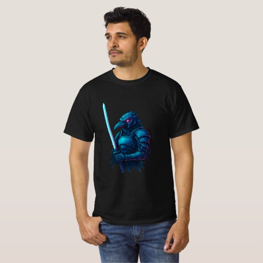 T-shirt Cybernetic Crow Ronin – Neon Samurai Bird Warrior (Devant entier)