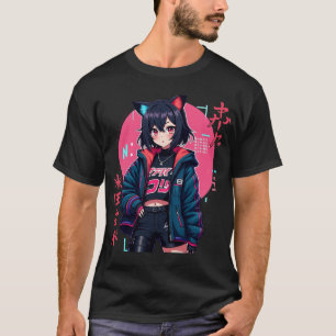 T-shirt Cyberpunk Anime Girl avec oreilles de chat - Neon