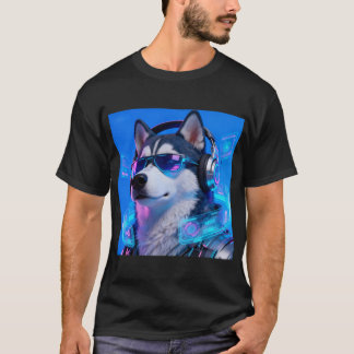 T-shirt Cyberpunk Husky Néon Tech Avatar Chien Beau et Élé