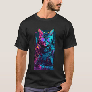 T-shirt Cyberpunk néon lunettes de chat soldat noir