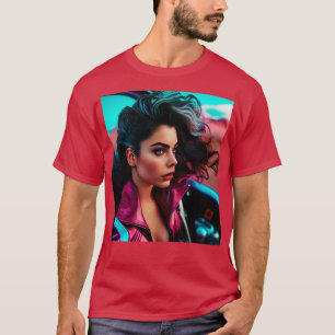 T-shirt Cyberpunk Outrun Femme Futuriste IA Genera