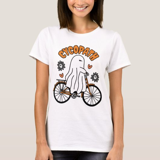 T-shirt Cycopath Halloween fantôme sur un vélo orange (Devant)