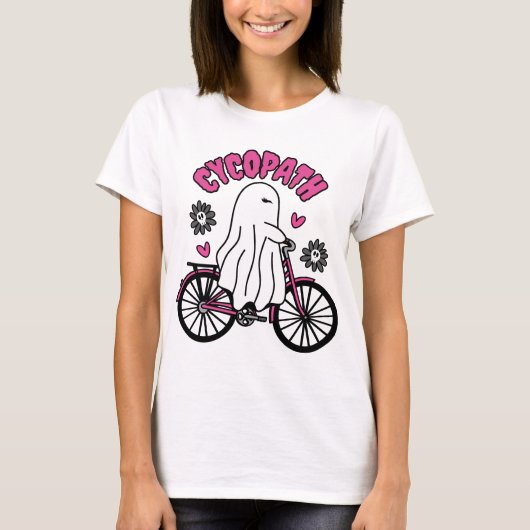 T-shirt Cycopath Halloween fantôme sur vélo rose (Devant)