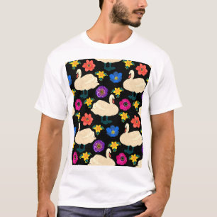 T-shirt Cygnes, fleurs, arrière - plan noir dessiné à la m
