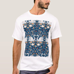 T-shirt Cygnes, poissons, fleurs, motifs folkloriques.