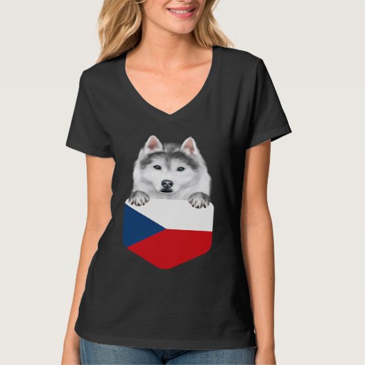 T-shirt Czech Republic Flag Siberian Husky Dog In Pocket (Devant)