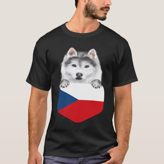 T-shirt Czech Republic Flag Siberian Husky Dog In Pocket (Devant)