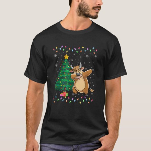 T-shirt Dabbing Highland Cow Xmas Tree Lights Noël laid (Devant)