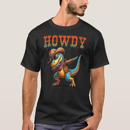 T-shirt Dabbing Howdy Dinosaur wearing a cowboy and sungla (Devant)