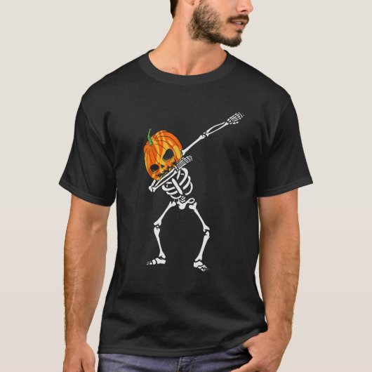 T-shirt Dabbing Skeleton Citrouille Head Halloween Danser (Devant)