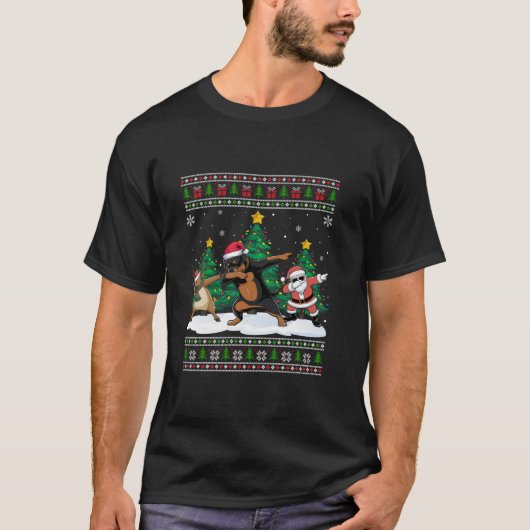T-shirt Dabing Père Noël Reindeer Rottweiler Dog Tree Lumi (Devant)