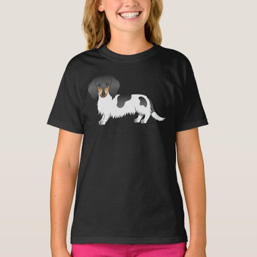 T-shirt Dachshund à poil long piebalde noir et feu (Devant)
