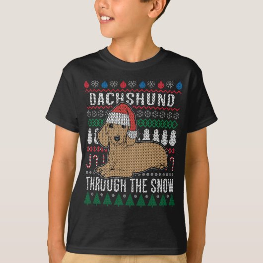T-shirt Dachshund À Travers Le Chandail De Noël Laide Neig (Devant)