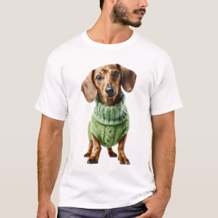 T-shirt Dachshund adorable dans un pull vert tricoté