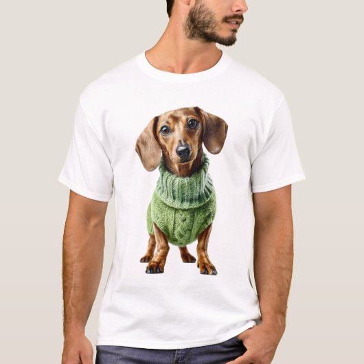 T-shirt Dachshund adorable dans un pull vert tricoté (Devant)