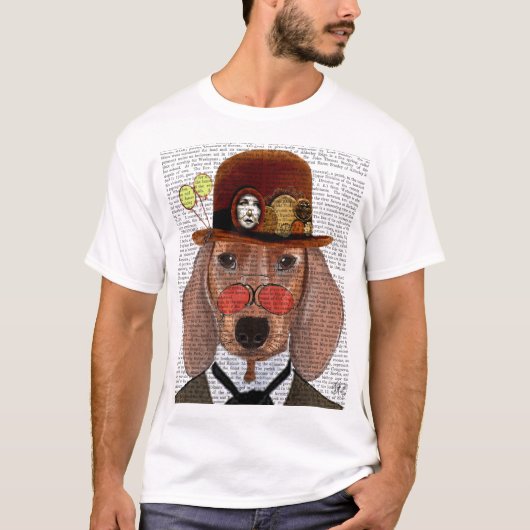 T-shirt Dachshund avec Casquette Bowler Steampunk (Devant)